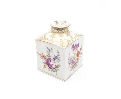 19th Century Dresden hand painted tea caddy with stopper marks to base, along with catalogue stamps, porcelain, in very good 