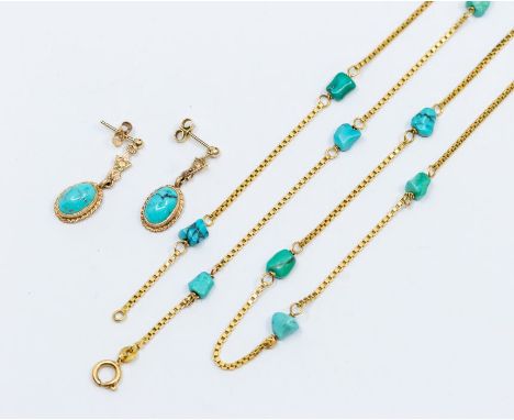 A turquoise and 18ct gold station necklace, comprising rough cut turquoise and 198ct gold box chain links, length approx 42''
