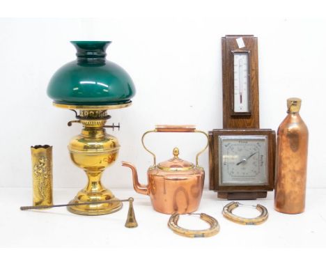 Brass and copper wares to include 1930's wall barometer, oil lamp, large trays etc