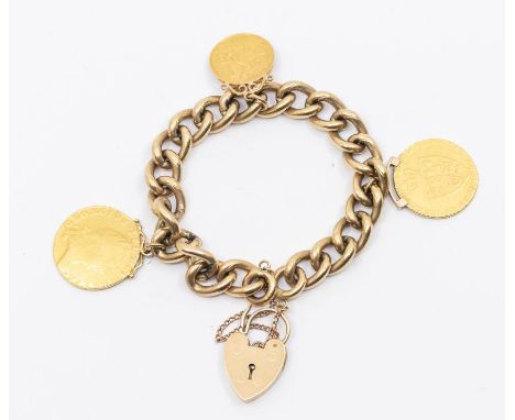 A 9ct gold curb bracelet, width approx 9mm, length approx 190mm, padlock clasp and safety chain, suspending two guinea coins,