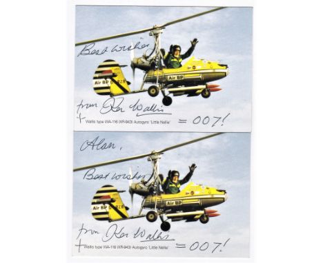 Autogyro "Little Nelly", two colour cards, Air BP, both autographed by Ken Wallis. One personalized (2)