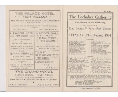 1951 The Lochaber Gathering - The Games of the Gathering leaflet, which took place in King George V Park, Fort William Tuesda