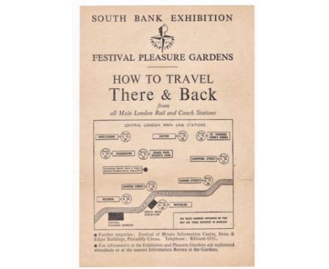 1951 Festival of Britain South Bank Exhibition - Festival Pleasure Gardens leaflet "How to Travel There and Back from all mai