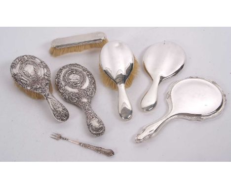 Mixed Lot:  Three silver backed dressing table mirrors, two hairbrushes, one clothes brush together with a Victorian silver p
