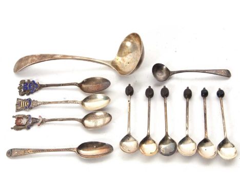 Mixed Lot:  A George V Old English silver ladle, Sheffield 1921, makers mark for John Round &amp; Son Ltd, six silver bean en