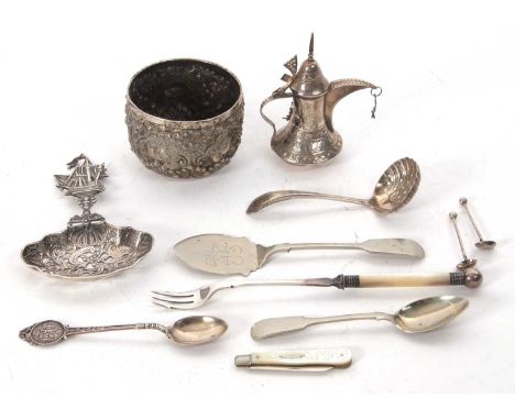 Mixed Lot:  A small white metal dallah coffee pot stamped 925, a mother of pearl handle silver bladed fruit knife, Sheffield 