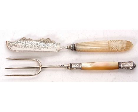 A hallmarked silver three pronged pickle fork, mother of pearl handle with silver ferral and cap, antique silver bladed butte