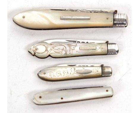 Mixed Lot:  A late Victorian silver bladed mother of pearl handle fruit knife engraved to one side of the blade, hallmarked S
