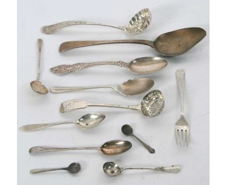 Mixed Lot:  Two Georgian silver sifting spoons, a Georgian tablespoon (a/f), a hallmarked ornate handled dessert spoon, three