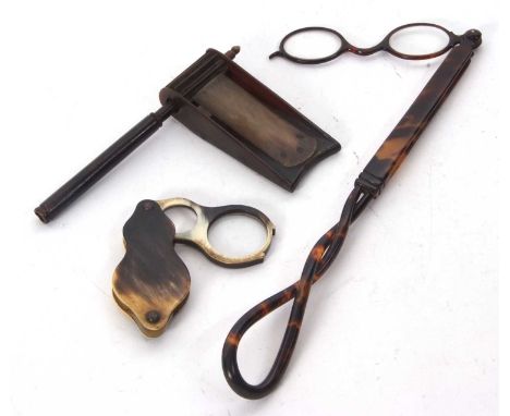 Mixed Lot:  A vintage small horn ratchet rattle, antique faux tortoiseshell long handled lorgnettes together with an antique 