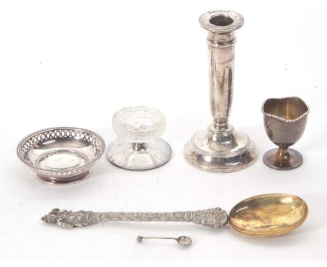 Mixed Lot:  One silver candlestick hallmarked for Birmingham 1930 (a/f), silver egg cup, Birmingham 1928, makers mark for the