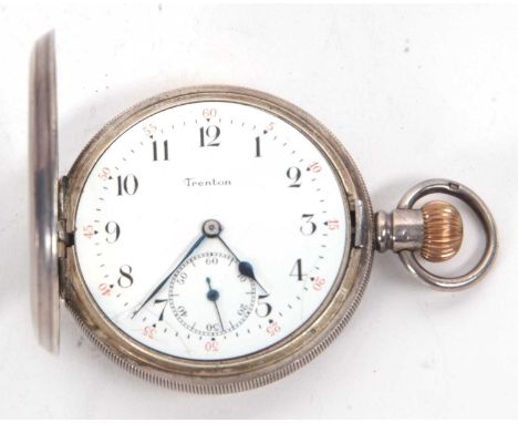 A silver Trenton Hunter pocket watch, hallmarked in the front and back of the case, it has a white enamel dial with Arabic nu
