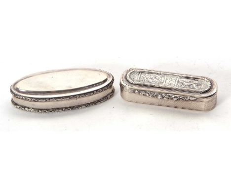 Mixed Lot:  A George IV silver snuff box of elongated oval design, with engine turned decoration to the sides and base, the h