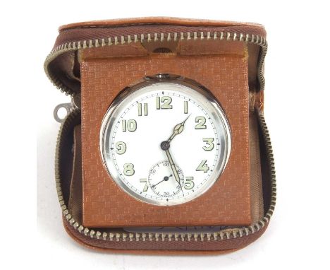 A vintage travel clock to include case and watch, the pocket watch is stamped inside the case back 925 and features a crown w