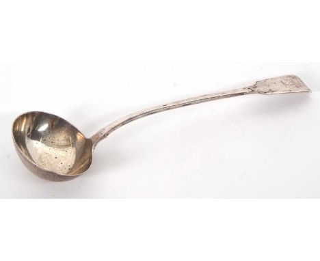 A William IV silver fiddle pattern ladle having a large oval shaped bowl, the handled engraved with a open hand armorial, Lon