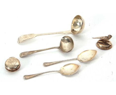 Mixed Lot:  George V silver pheasant menu holder, Chester 1924, a silver cased sovereign holder (a/f), a Victorian silver tod