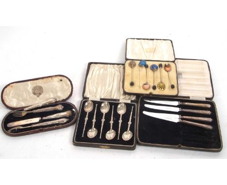 Mixed Lot: Cased set of six coronation spoons, Birmingham 1936, makers mark H J Cooper, part cased enamel bowled bean end cof