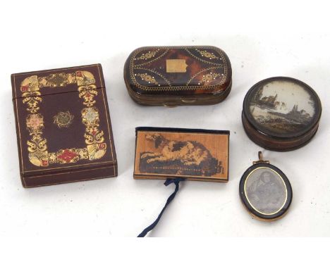 Mixed Lot:  A Victorian picquet worked purse, circa 1870, an antique maroon leather card case with tooled embossed gilt and c