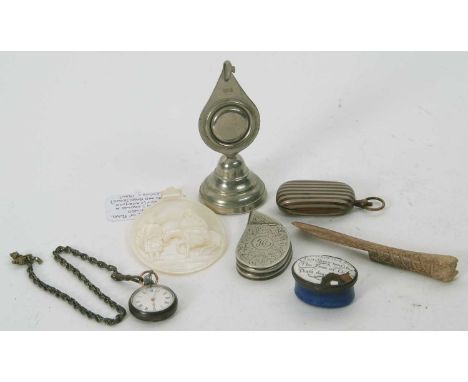 Mixed Lot:  An antique bovine apple corer, Victorian mother of pearl carving depicting Joseph, Mary and the baby Jesus, circa