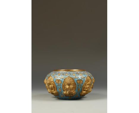 A RARE SINO-TIBETAN CHAMPLEVE ENAMEL ALMS BOWL, the shoulder with a band of Tibetan characters, above the rounded tapering bo