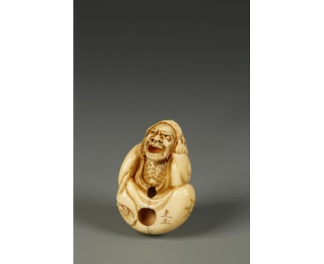 A JAPANESE IVORY DARUMA NETSUKE by Mitsugyoku, the figure with a pained expression and crouching forward, annoyed by an insec