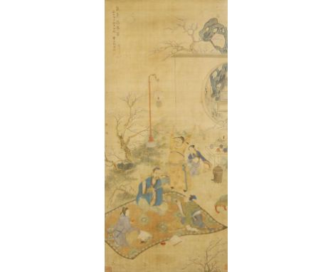 BY OR AFTER QUI YING (1495-1552) Three scholars discoursing and drinking tea whilst seated on a carpet , within a garden land