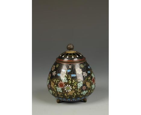 A SMALL JAPANESE CLOISONNÉ TRIPOD KORO AND COVER of tapering rounded form, the finial finely modelled as a flowerhead, the bo