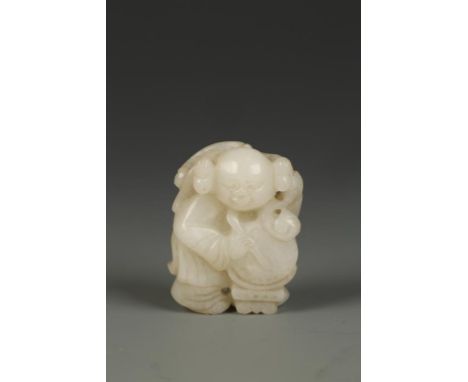 A CHINESE PALE CELADON JADE CARVING OF A BOY, the figure standing and beating a drum, Qing, 18th/19th century, 2" high