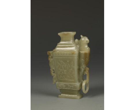 A CHINESE GREEN JADE MINIATURE COVERED VESSEL, probably a water dropper, the spout formed as phoenix head, the rectangular bo