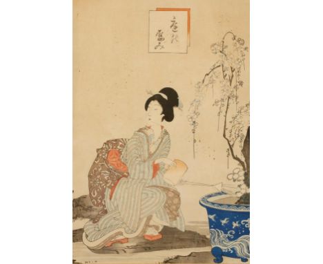 A JAPANESE WOODBLOCK PRINT OF A GEISHA WATERING FLOWERS, the figure kneeling and looking to one side, 13.5" x 9"