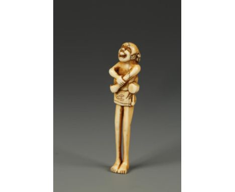 A SMALL JAPANESE IVORY ASHINAGA NETSUKE, the figure with arms crossed and a jovial expression, circa 1830, 2.75" high