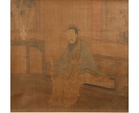 CHINESE ARTIST, 17th century A refined scholar in an interior, seated on a bench beside a table with a ewer and other items, 