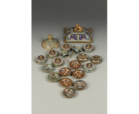 A COLLECTION OF CHINESE CLOISONNÉ COVERS AND SCONCES including a rectangular cover with a lion finial and archaistic decorati