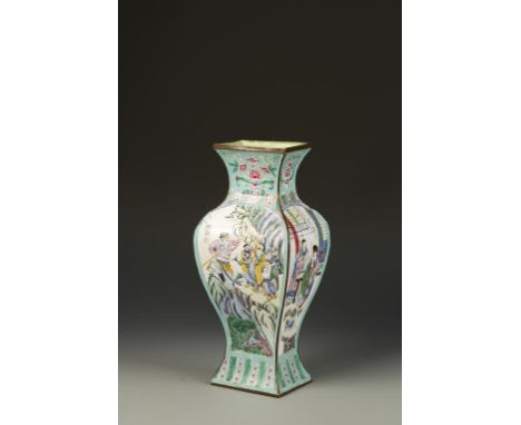 A LARGE CANTON ENAMEL BALUSTER VASE of square-section form, each side decorated with a different scene including 'Journey to 