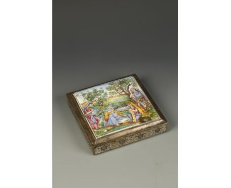 AN ISFAHAN SILVER AND ENAMEL SQUARE BOX, the cover decorated with figures in a landscape, the sides with engraved foliate dec