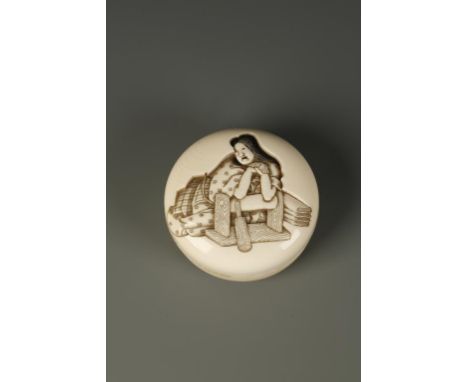 A JAPANESE IVORY MANJU NETSUKE by Korichi, the upper surface carved in relief with a woman leaning on a fulling block, the un