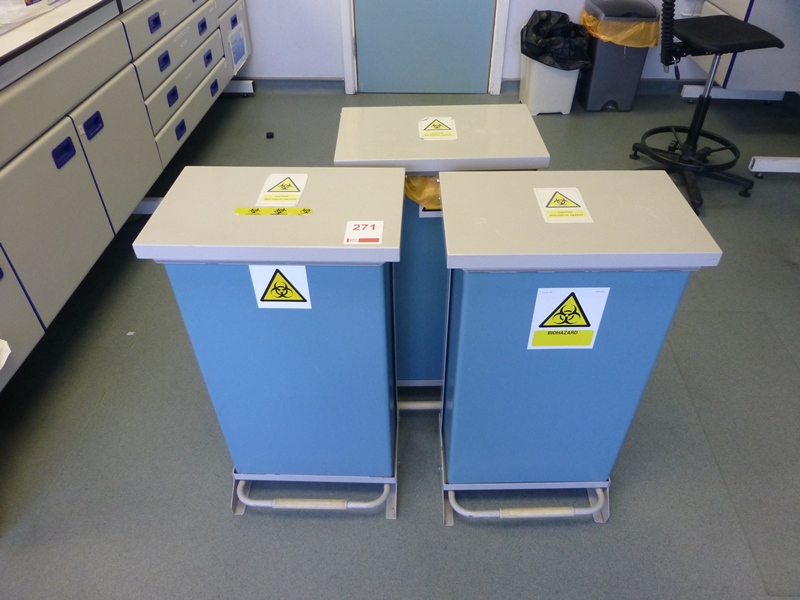 3 steel laboratory foot operated clinical waste bins
