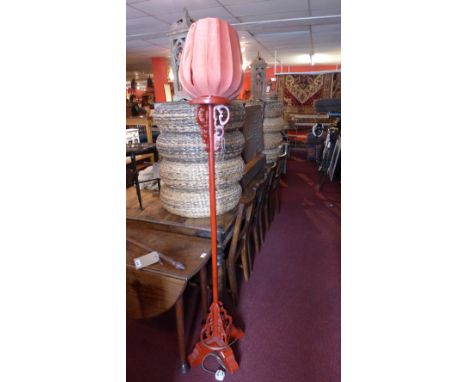 A red lacquered Chinese standard lamp with shade 