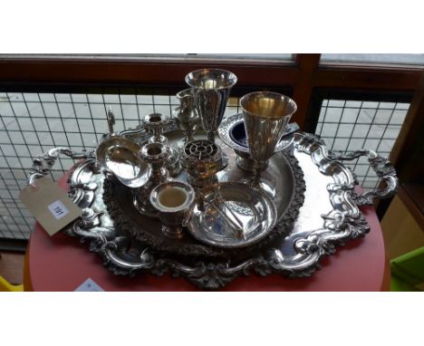 A collection of silver plate including a large twin handled tray and white metal comb 