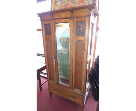 Wardrobe Arts and Crafts oak copper inset panels 103cm wide
