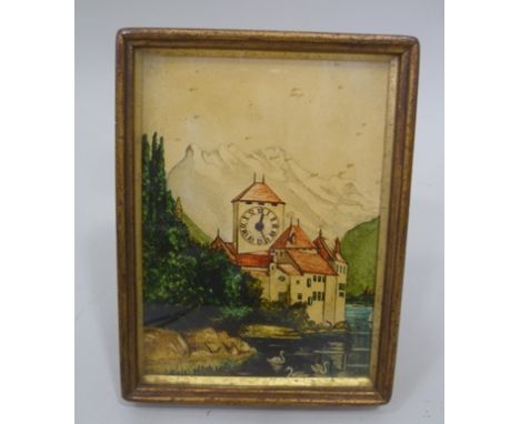 AN EASEL FRAMED PICTURE CLOCK Alpine landscape with clock in tower of lakeside building, inscribed verso "Carter Bowles, Chel