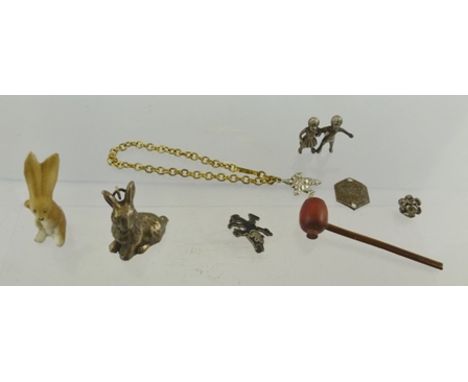 A BOX OF COSTUME COLLECTABLES including "Felix the Cat" brooch, pipe, rabbit, clown, bracelet etc. 