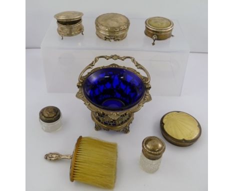 A QUANTITY OF MISCELLANEOUS SILVER ITEMS including; a swing handled bon-bon basket with blue glass liner, three dressing tabl