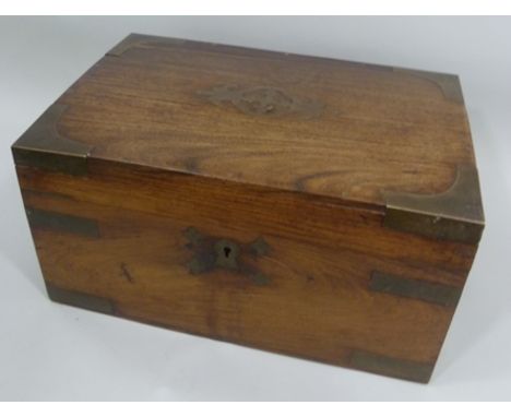 A LATE 19TH CENTURY ANGLO-INDIAN HARDWOOD CAMPAIGN TRUNK haing brass inlay with banding and reinforced corners fitted, side c