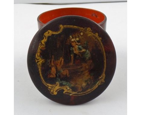 A 19TH CENTURY RED LACQUER TRINKET BOX, having decorated push-fit lid with gilt cartouche, 7cm high x 8cm diameter 