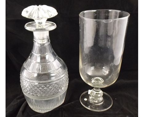 A REGENCY GLASS SPIRIT DECANTER of mallet form, diamond, slice and panel cut with mushroom stopper, together with a 19th cent