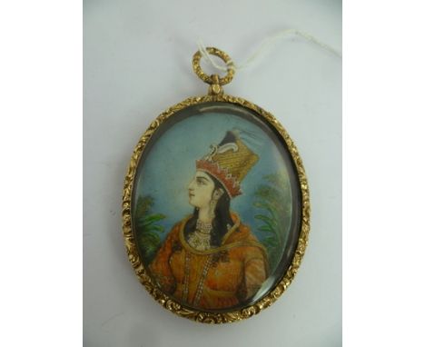 A 19TH CENTURY MUGHAL MINIATURE PAINTING depicting a profile portrait of a Princess or Empress wearing feathered and jewelled