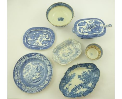 A LATE 19TH CENTURY TRANSFER PRINTED BLUE AND WHITE SAUCE TUREEN with cover and stand, with ladle and various other items of 