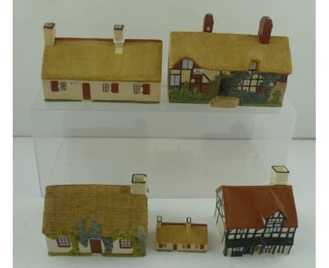 FOUR W H GOSS POLYCHROME PARIAN NIGHT LIGHT HOLDERS in the form of "Manx Cottage", "Ann Hathaways Cottage", "Burns Cottage" a