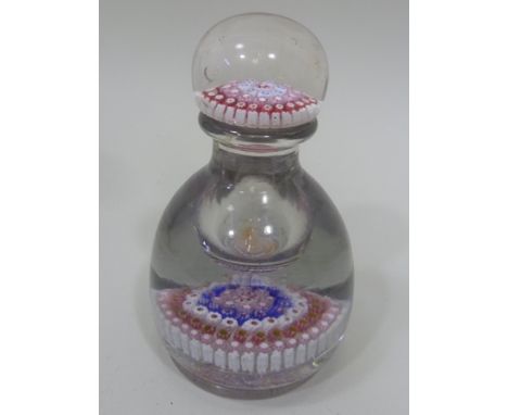 A VICTORIAN INKWELL, multi-cane inlaid cover and base, possibly Whitefriars, 15cm high 